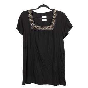 Peasant Blouse Y2K XL Womens Square Neck Black Embroidered Long Tunic Cotton SS
